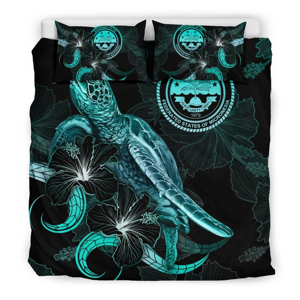 Federated States Of Micronesia Polynesian Bedding Set - Turtle With Blooming Hibiscus Turquoise