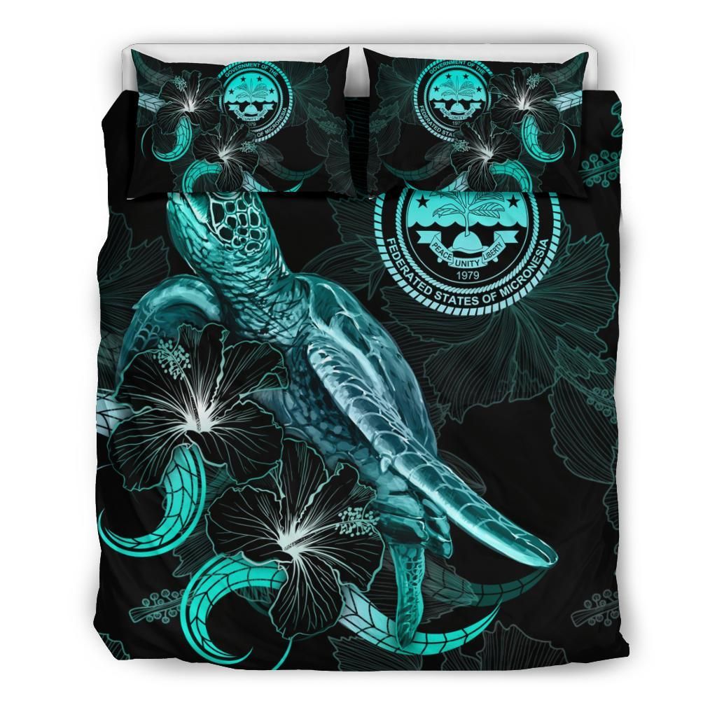 Federated States Of Micronesia Polynesian Bedding Set - Turtle With Blooming Hibiscus Turquoise