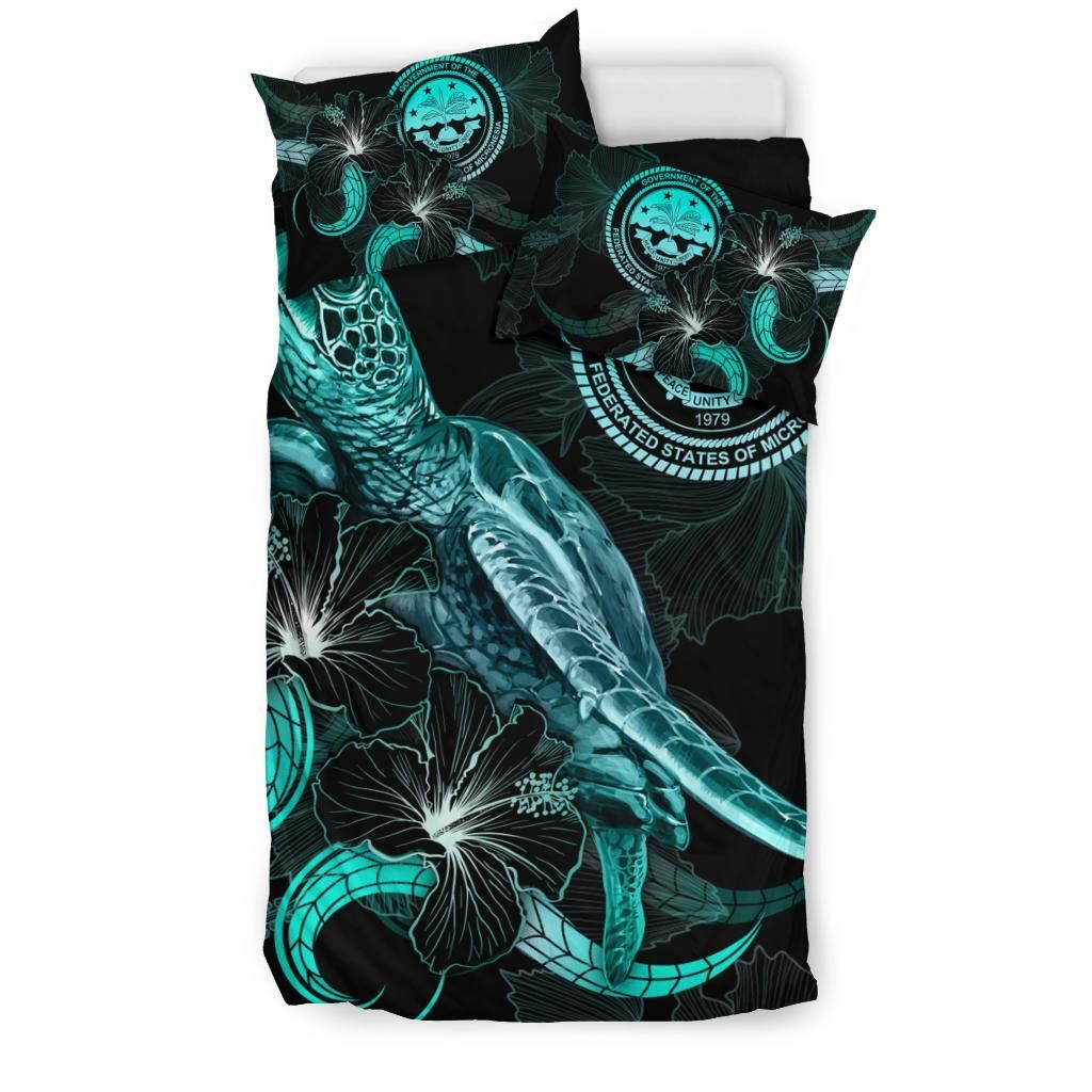 Federated States Of Micronesia Polynesian Bedding Set - Turtle With Blooming Hibiscus Turquoise