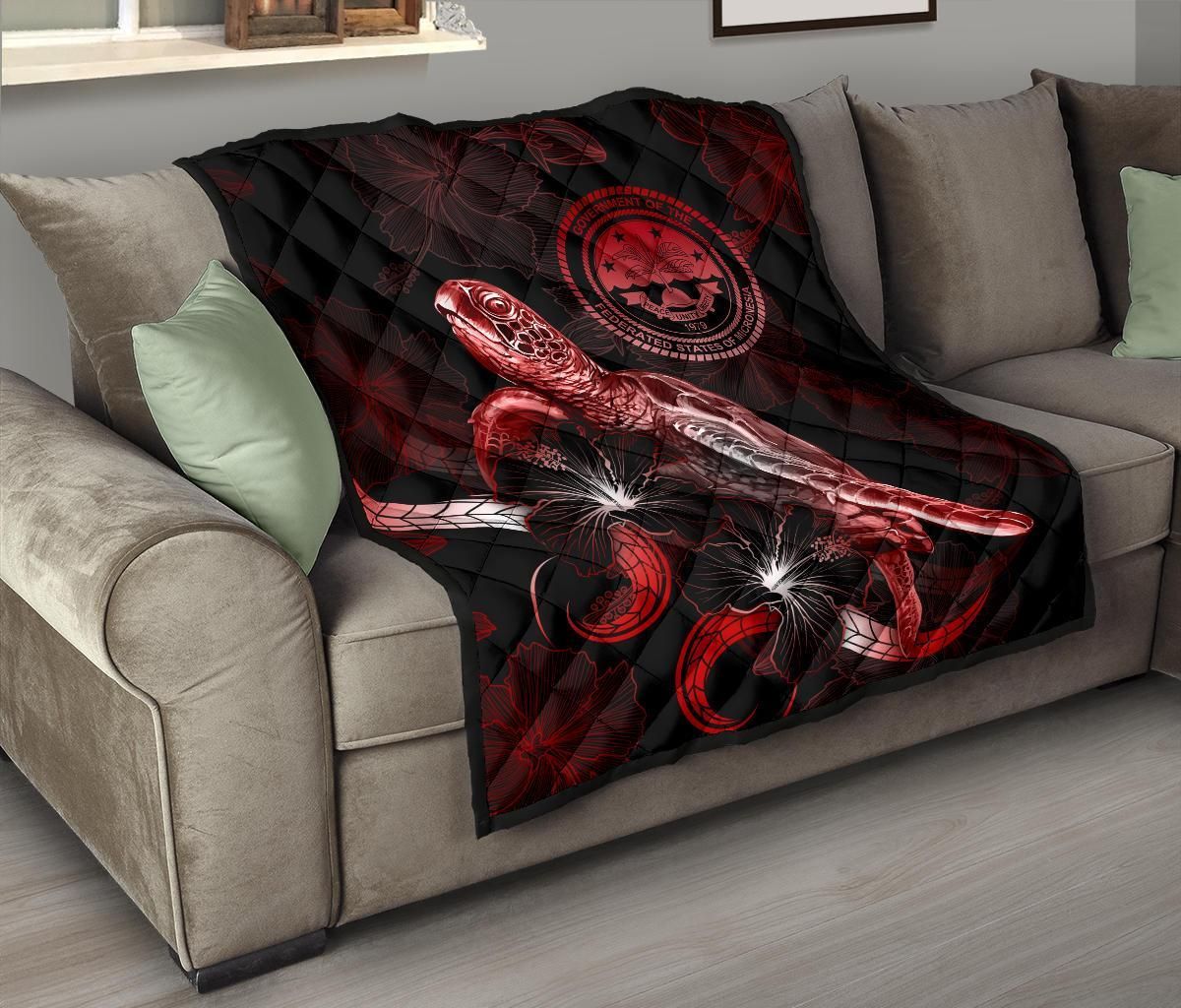 Federated States of Micronesia Polynesian Premium Quilt - Turtle With Blooming Hibiscus Red