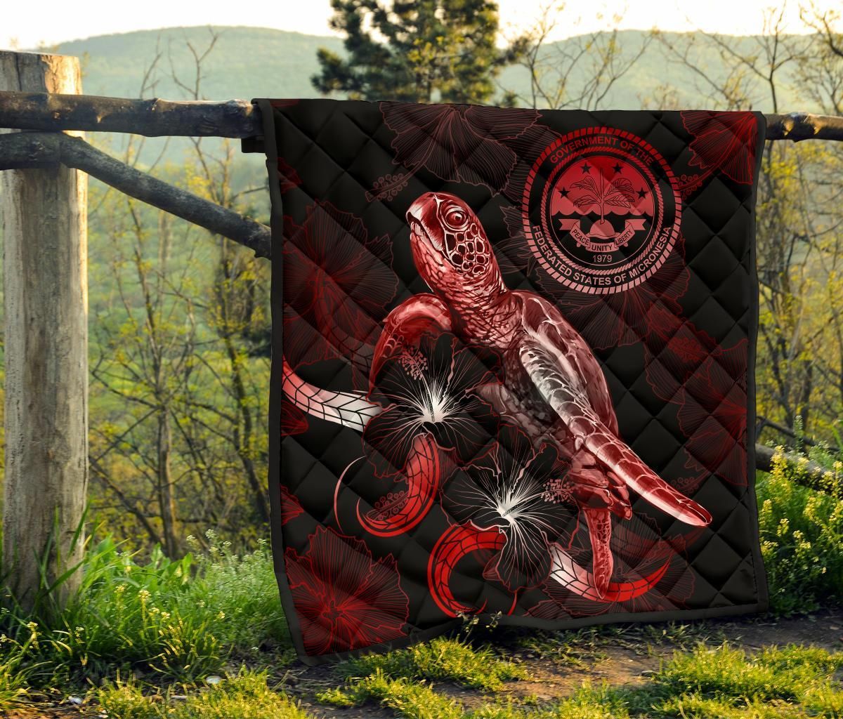 Federated States of Micronesia Polynesian Premium Quilt - Turtle With Blooming Hibiscus Red