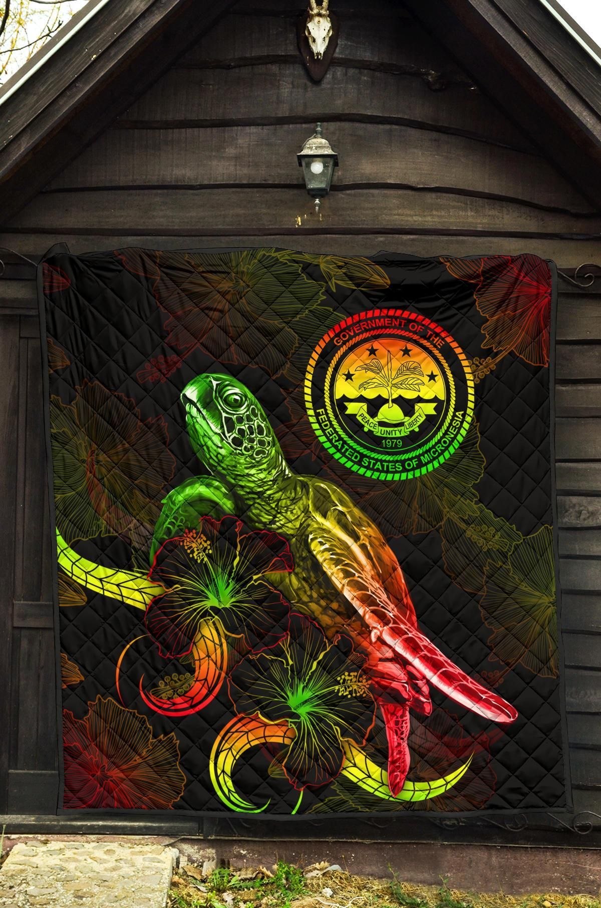 Federated States of Micronesia Polynesian Premium Quilt - Turtle With Blooming Hibiscus Reggae