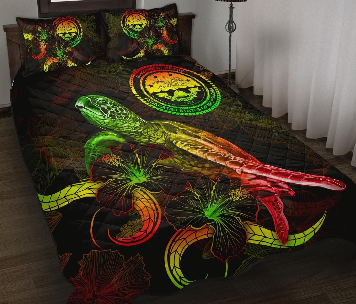 Federated States of Micronesia Polynesian Quilt Bed Set - Turtle With Blooming Hibiscus Reggae