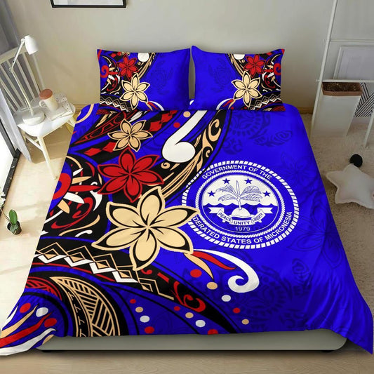 Federated States Of Micronesia Bedding Set - Tribal Flower With Special Turtles Blue Color