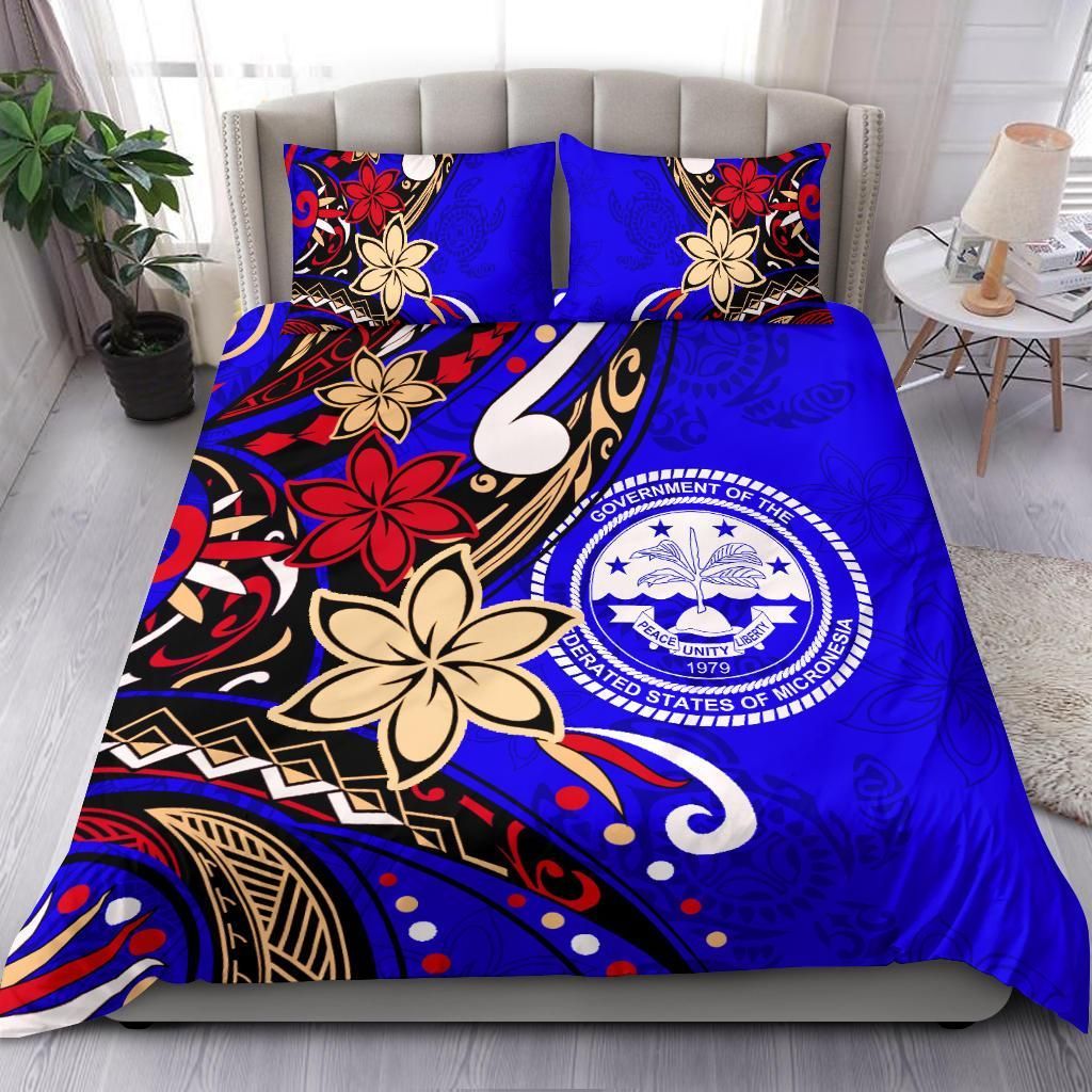Federated States Of Micronesia Bedding Set - Tribal Flower With Special Turtles Blue Color