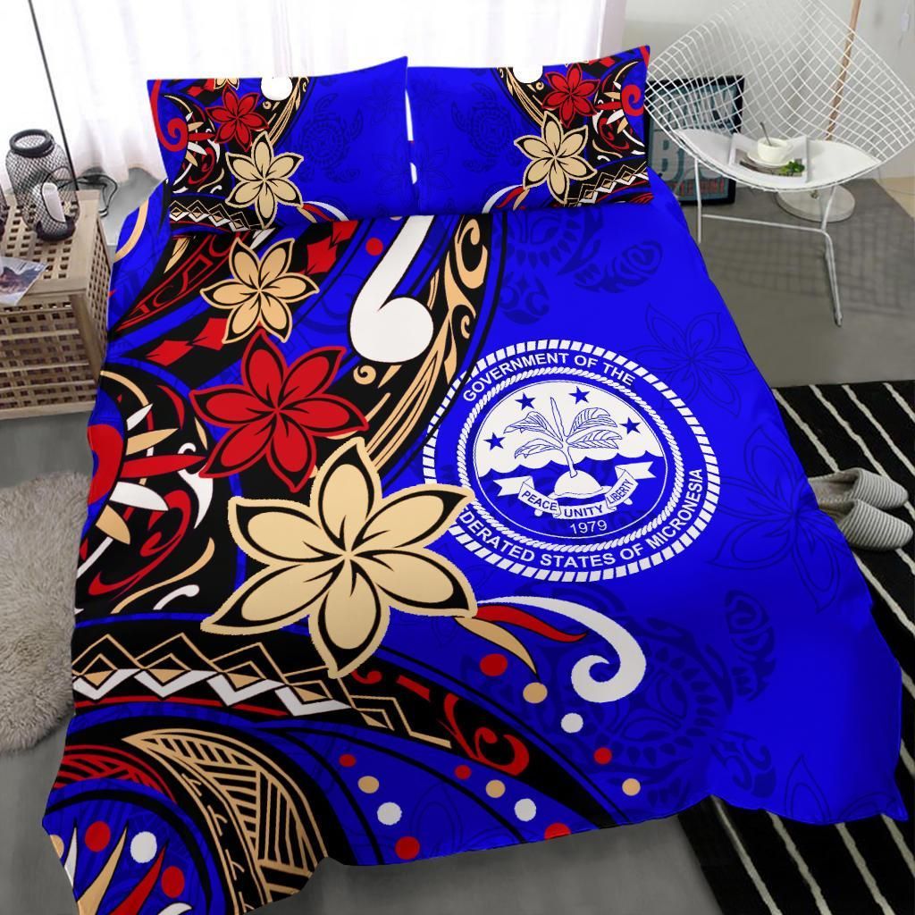 Federated States Of Micronesia Bedding Set - Tribal Flower With Special Turtles Blue Color