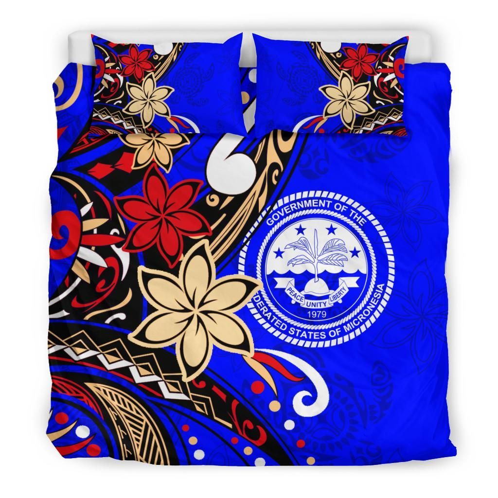 Federated States Of Micronesia Bedding Set - Tribal Flower With Special Turtles Blue Color