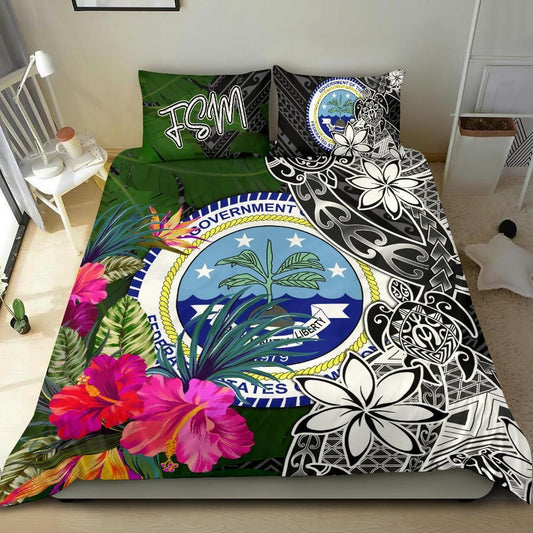 Federated States Of Micronesia Bedding Set - Turtle Plumeria Banana Leaf