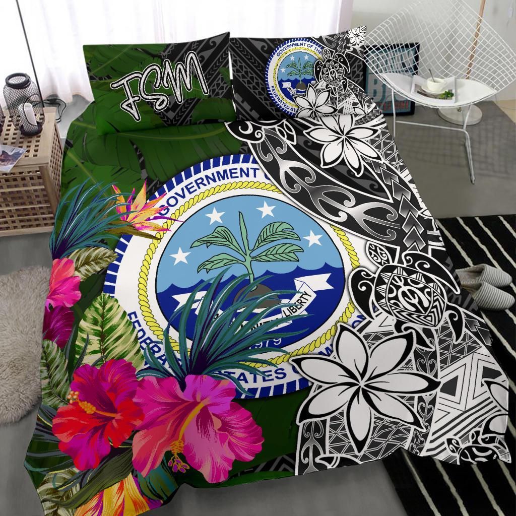 Federated States Of Micronesia Bedding Set - Turtle Plumeria Banana Leaf