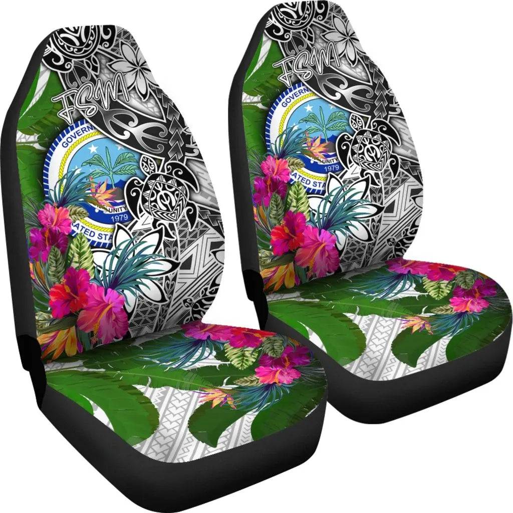 Federated States of Micronesia Car Seat Covers White - Turtle Plumeria Banana Leaf