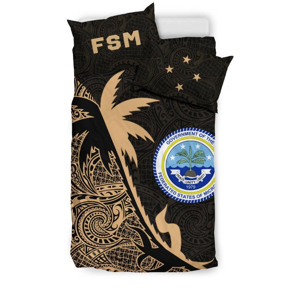 Federated States Of Micronesia Duvet Cover Set - Federated States Of Micronesia Coat Of Arms & Coconut Tree Gold