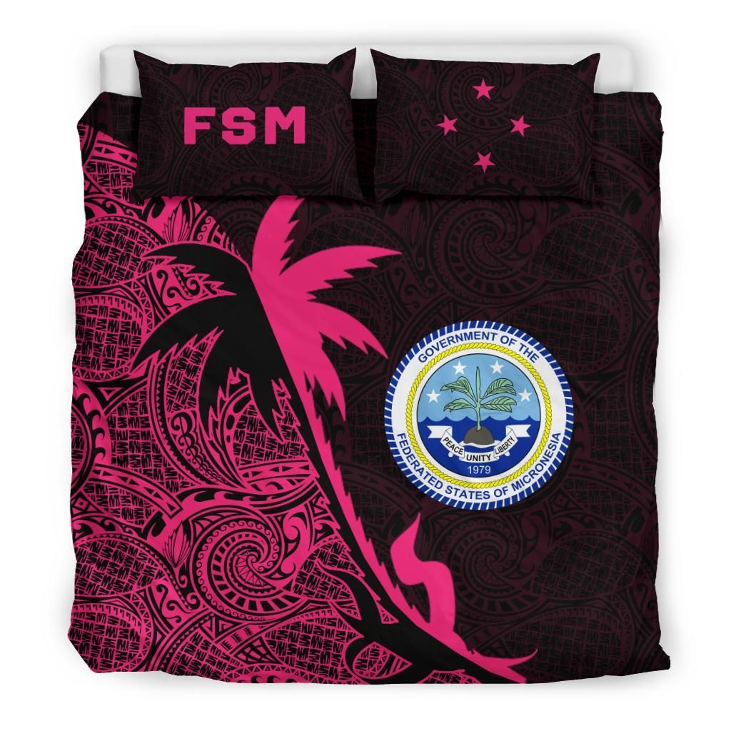 Federated States Of Micronesia Duvet Cover Set - Federated States Of Micronesia Coat Of Arms & Coconut Tree Pink