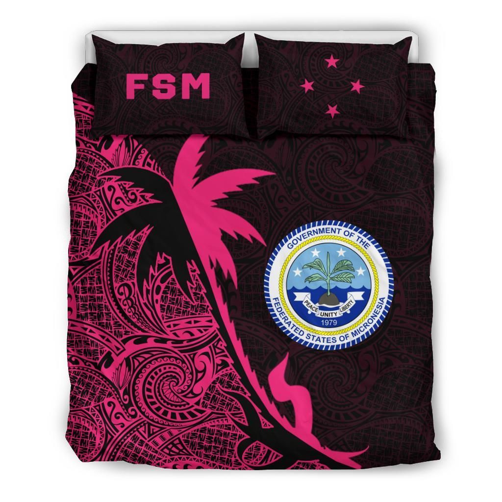 Federated States Of Micronesia Duvet Cover Set - Federated States Of Micronesia Coat Of Arms & Coconut Tree Pink