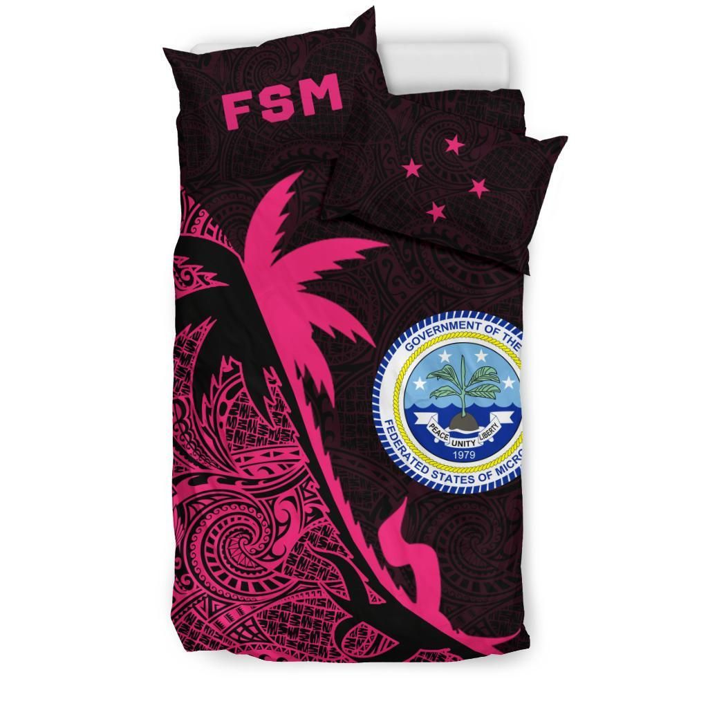 Federated States Of Micronesia Duvet Cover Set - Federated States Of Micronesia Coat Of Arms & Coconut Tree Pink