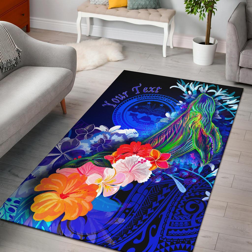Federated States of Micronesia Custom Personalised Area Rug - Humpback Whale with Tropical Flowers (Blue)