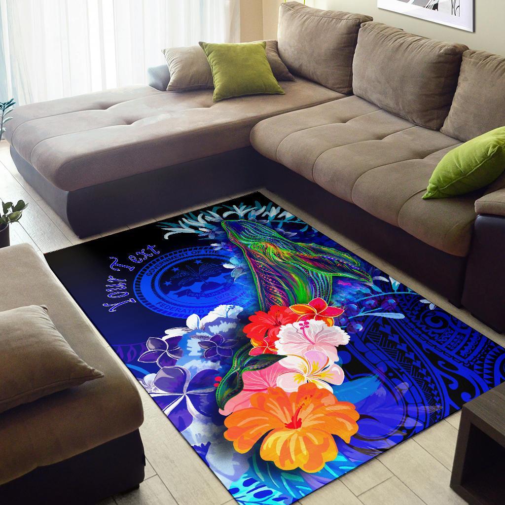 Federated States of Micronesia Custom Personalised Area Rug - Humpback Whale with Tropical Flowers (Blue)