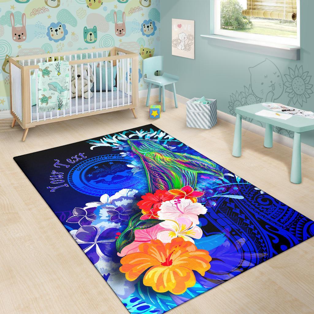 Federated States of Micronesia Custom Personalised Area Rug - Humpback Whale with Tropical Flowers (Blue)