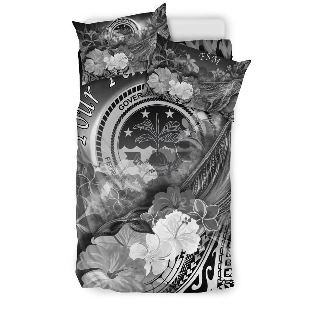Federated States Of Micronesia Custom Personalised Bedding Set - Humpback Whale With Tropical Flowers (White)