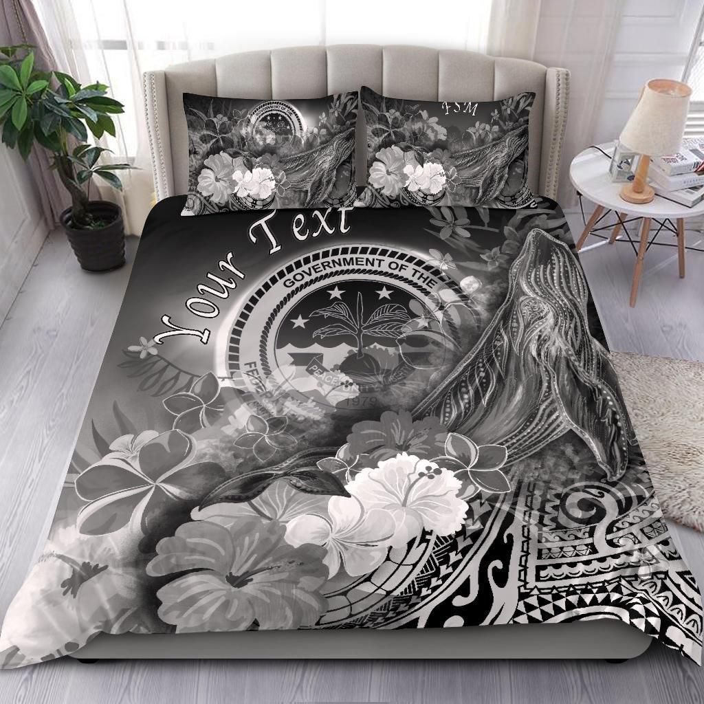 Federated States Of Micronesia Custom Personalised Bedding Set - Humpback Whale With Tropical Flowers (White)