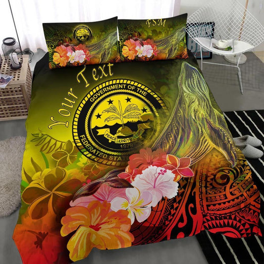Federated States Of Micronesia Custom Personalised Bedding Set - Humpback Whale With Tropical Flowers (Yellow)