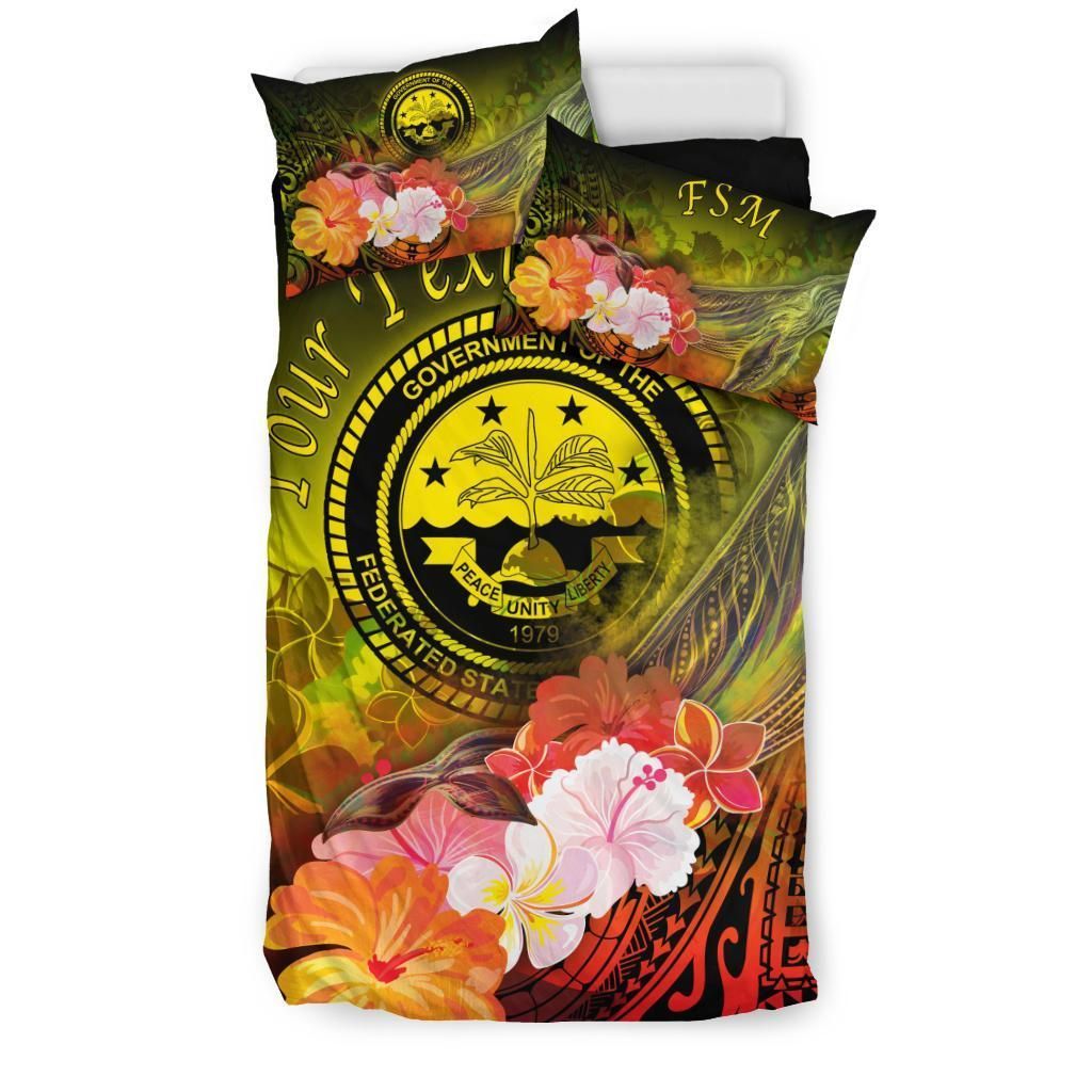 Federated States Of Micronesia Custom Personalised Bedding Set - Humpback Whale With Tropical Flowers (Yellow)