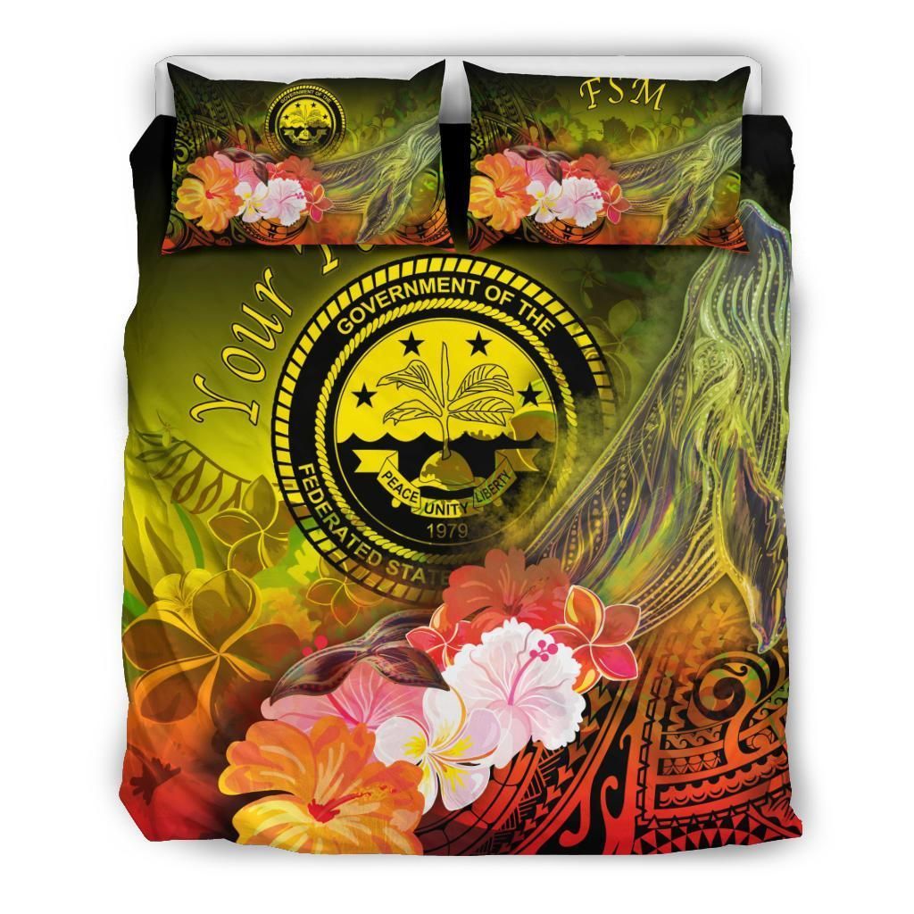 Federated States Of Micronesia Custom Personalised Bedding Set - Humpback Whale With Tropical Flowers (Yellow)