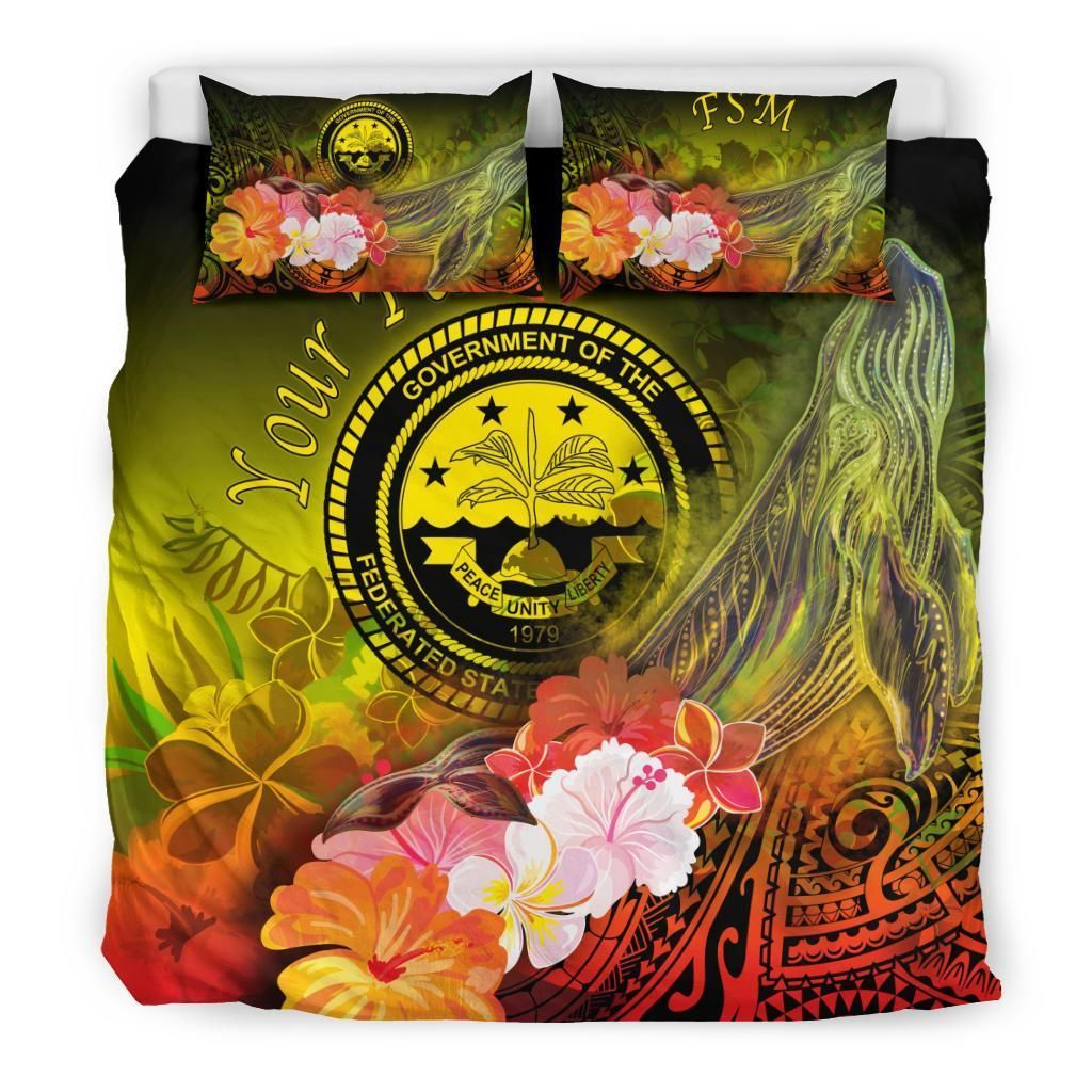 Federated States Of Micronesia Custom Personalised Bedding Set - Humpback Whale With Tropical Flowers (Yellow)