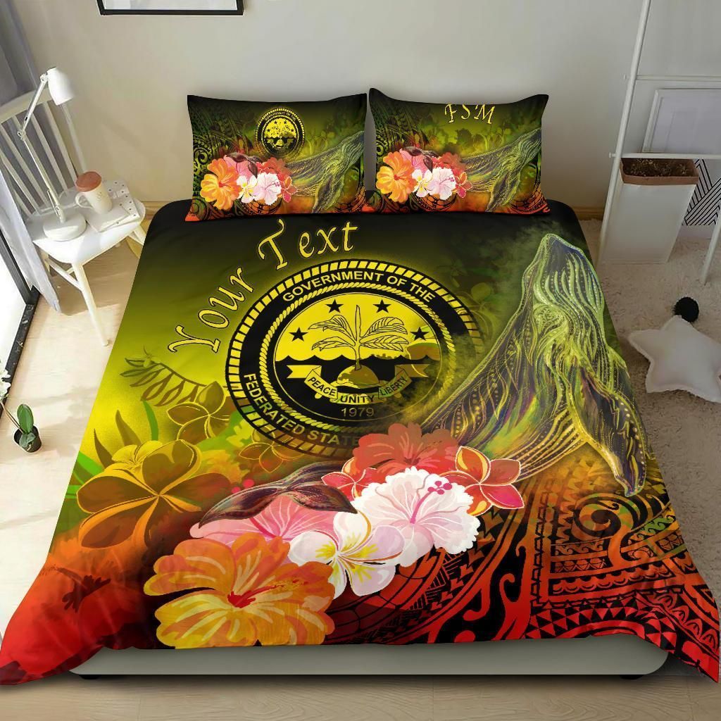 Federated States Of Micronesia Custom Personalised Bedding Set - Humpback Whale With Tropical Flowers (Yellow)