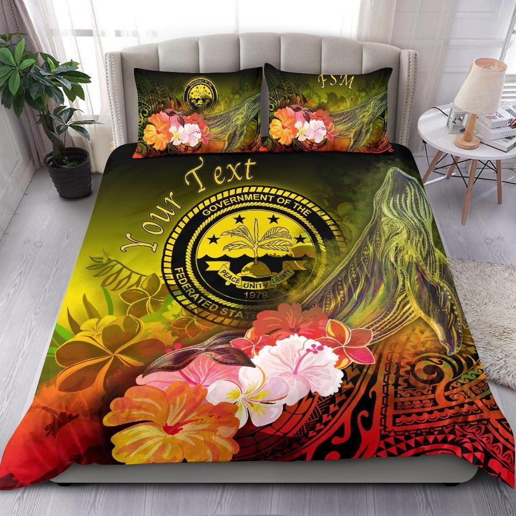 Federated States Of Micronesia Custom Personalised Bedding Set - Humpback Whale With Tropical Flowers (Yellow)