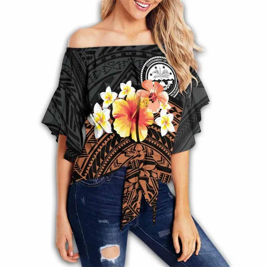 Federated States of Micronesia Custom Personalised Off Shoulder Wrap Waist Top - Tribal Pattern Hibiscus