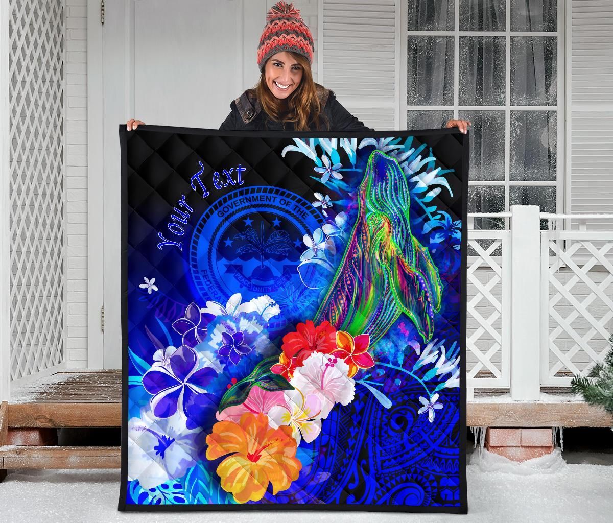 Federated States of Micronesia Custom Personalised Premium Quilt - Humpback Whale with Tropical Flowers (Blue)