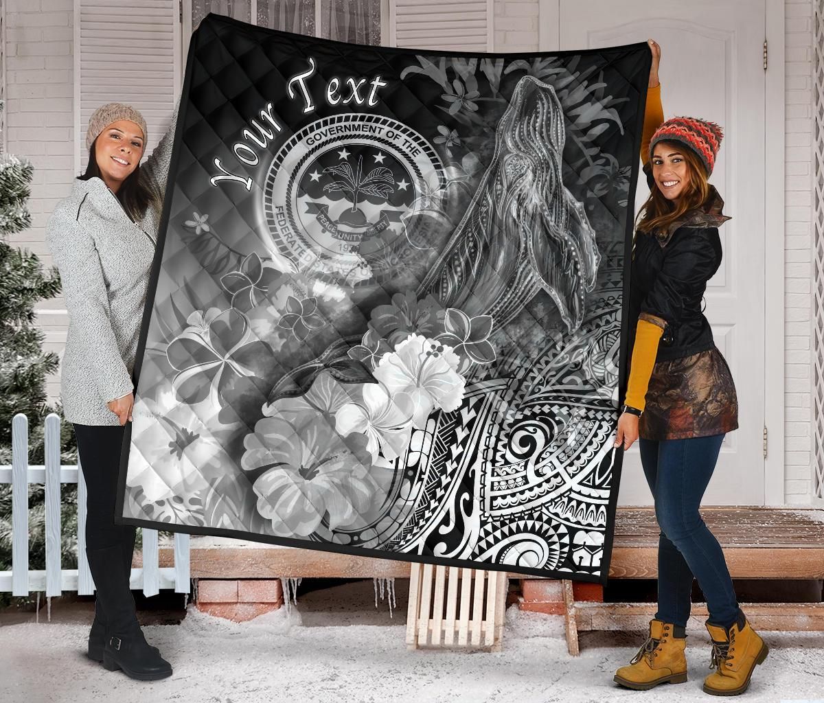 Federated States of Micronesia Custom Personalised Premium Quilts - Humpback Whale with Tropical Flowers (White)