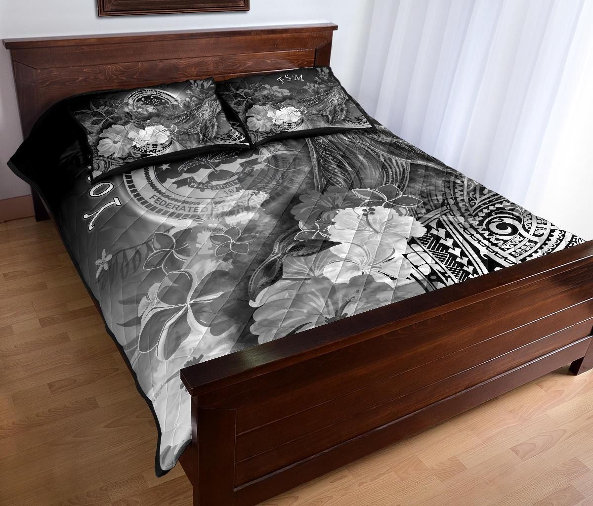 Federated States of Micronesia Custom Personalised Quilt Bed Sets - Humpback Whale with Tropical Flowers (White)