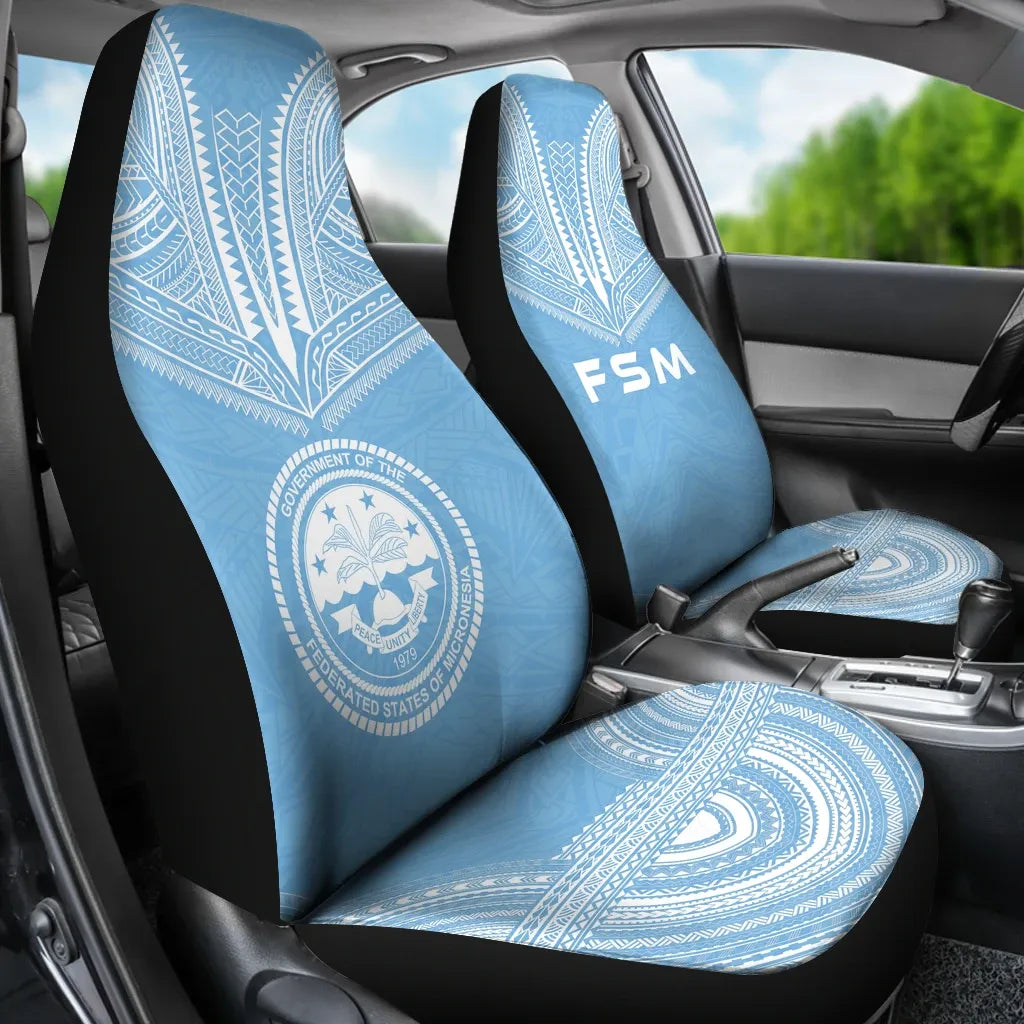 Federated States Of Micronesia Car Seat Cover - FSM Seal Polynesian Chief Tattoo Light Blue Version