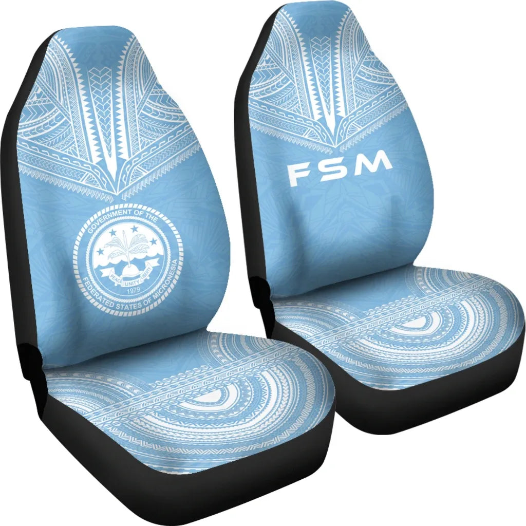 Federated States Of Micronesia Car Seat Cover - FSM Seal Polynesian Chief Tattoo Light Blue Version