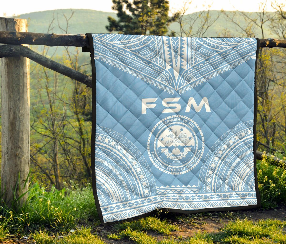 Federated States Of Micronesia Premium Quilt - FSM Seal Polynesian Chief Light Blue Version