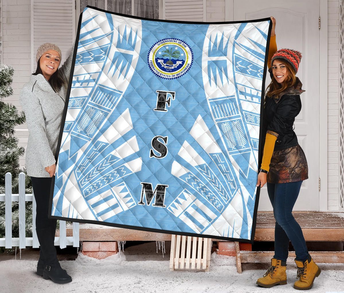 Federated States Of Micronesia Premium Quilt - Federated States Of Micronesia Seal Polynesian White Tattoo (Blue)