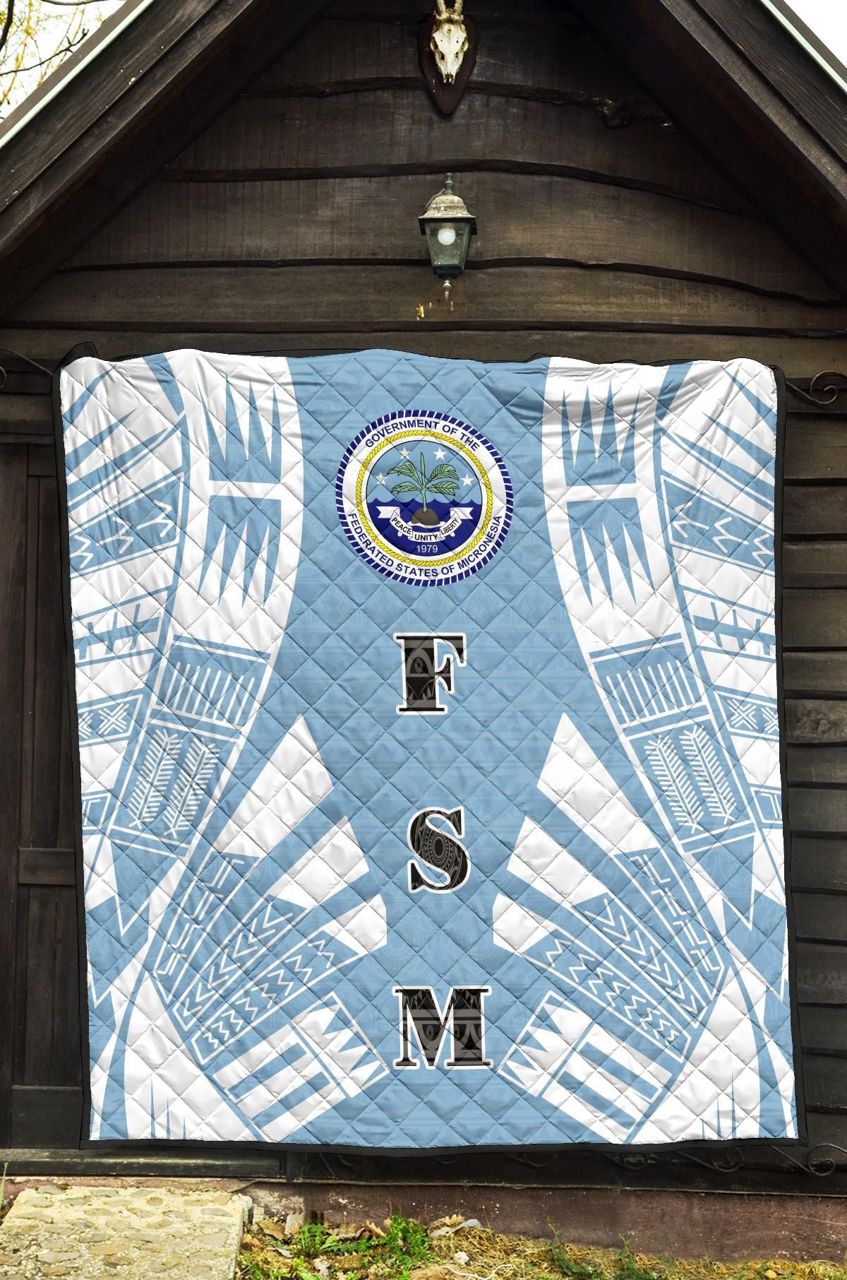 Federated States Of Micronesia Premium Quilt - Federated States Of Micronesia Seal Polynesian White Tattoo (Blue)