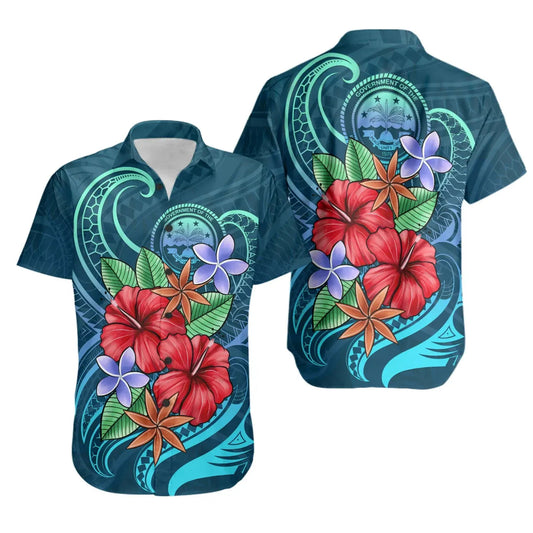 Federated States Of Micronesia Short Sleeve Shirt - Blue Pattern With Tropical Flowers