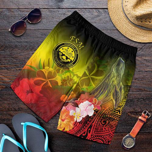 Federated States of Micronesia Men Shorts - Humpback Whale with Tropical Flowers (Yellow)