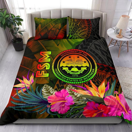 Federated States Of Micronesia Polynesian Bedding Set - Hibiscus And Banana Leaves