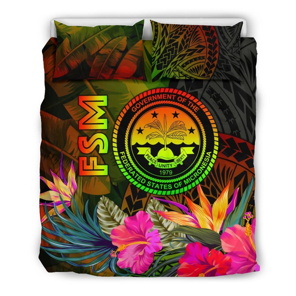 Federated States Of Micronesia Polynesian Bedding Set - Hibiscus And Banana Leaves