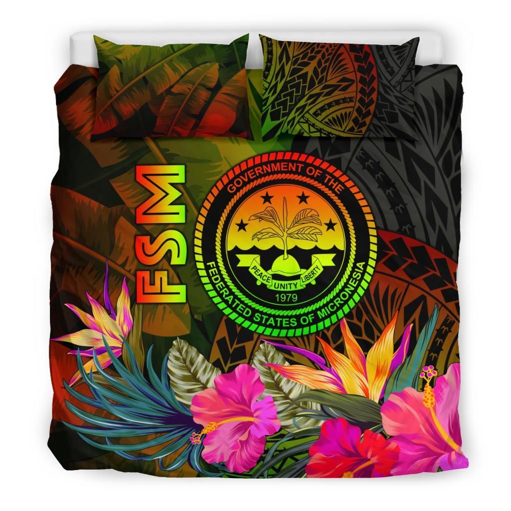 Federated States Of Micronesia Polynesian Bedding Set - Hibiscus And Banana Leaves