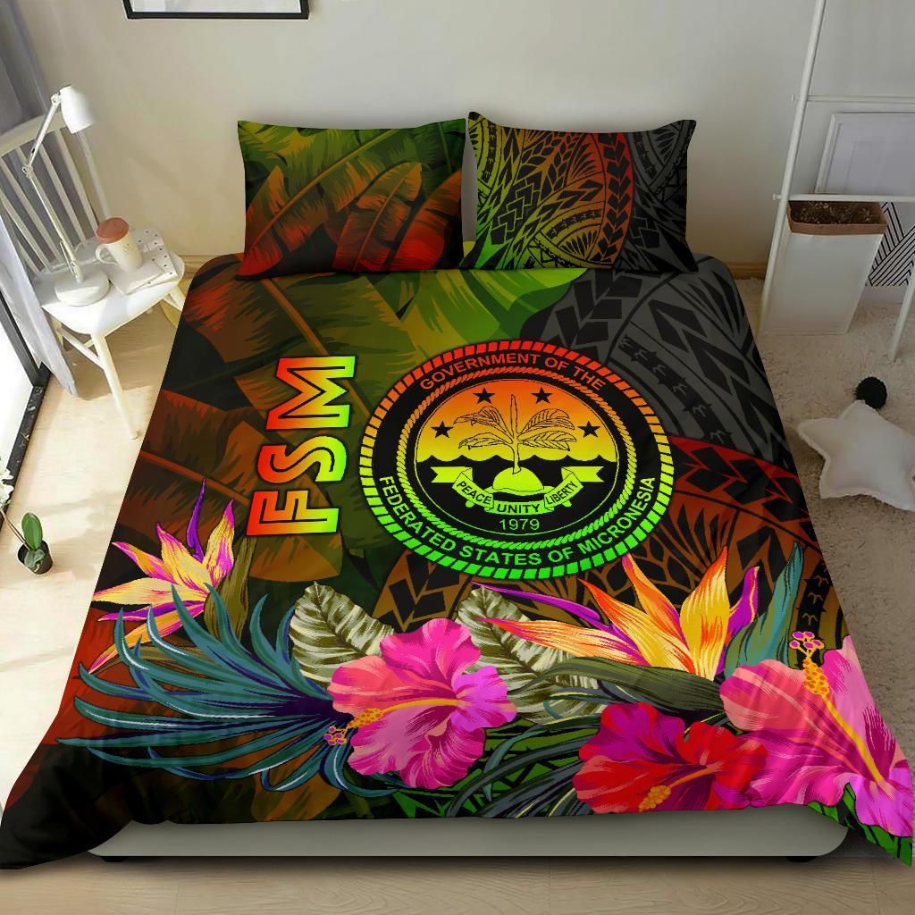 Federated States Of Micronesia Polynesian Bedding Set - Hibiscus And Banana Leaves