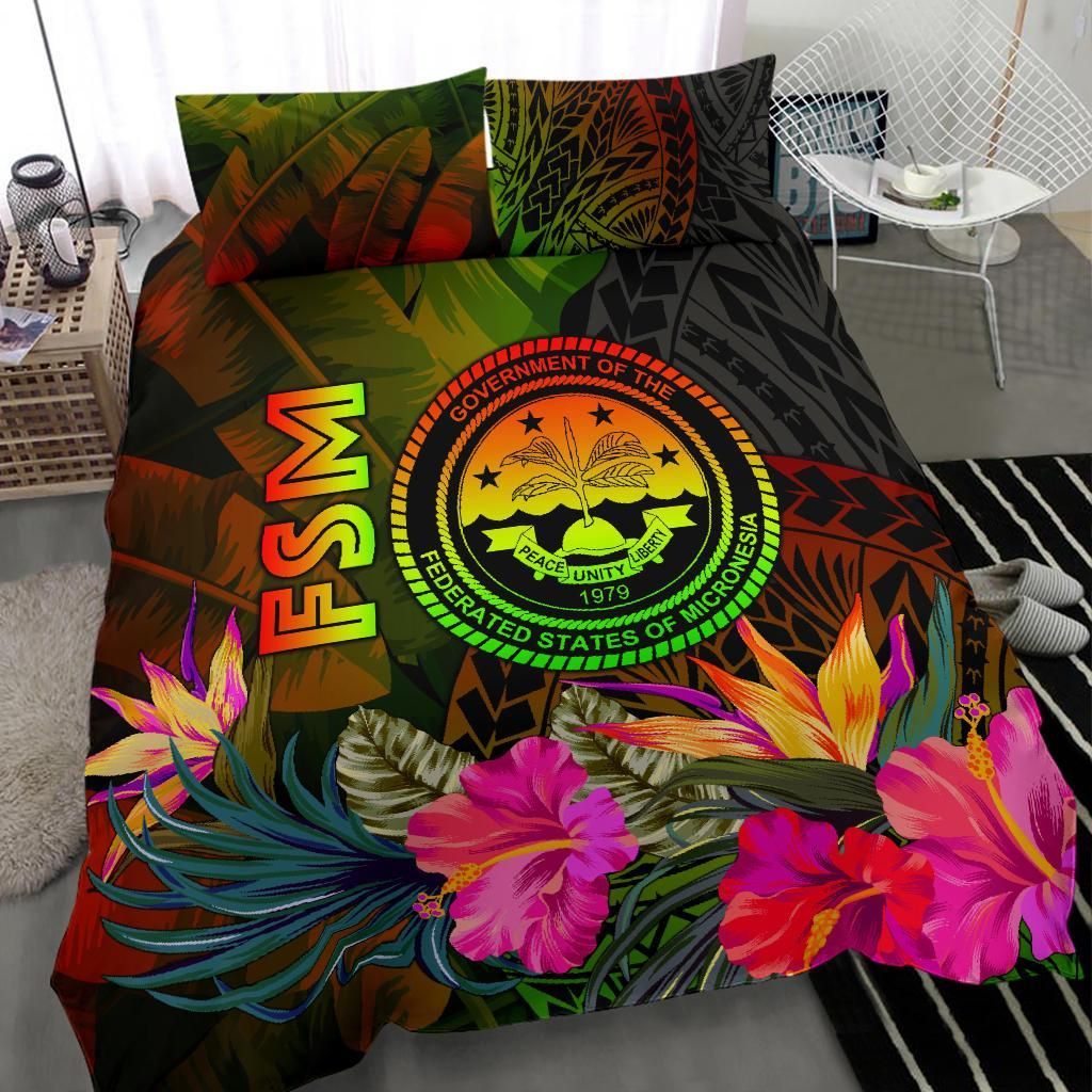 Federated States Of Micronesia Polynesian Bedding Set - Hibiscus And Banana Leaves