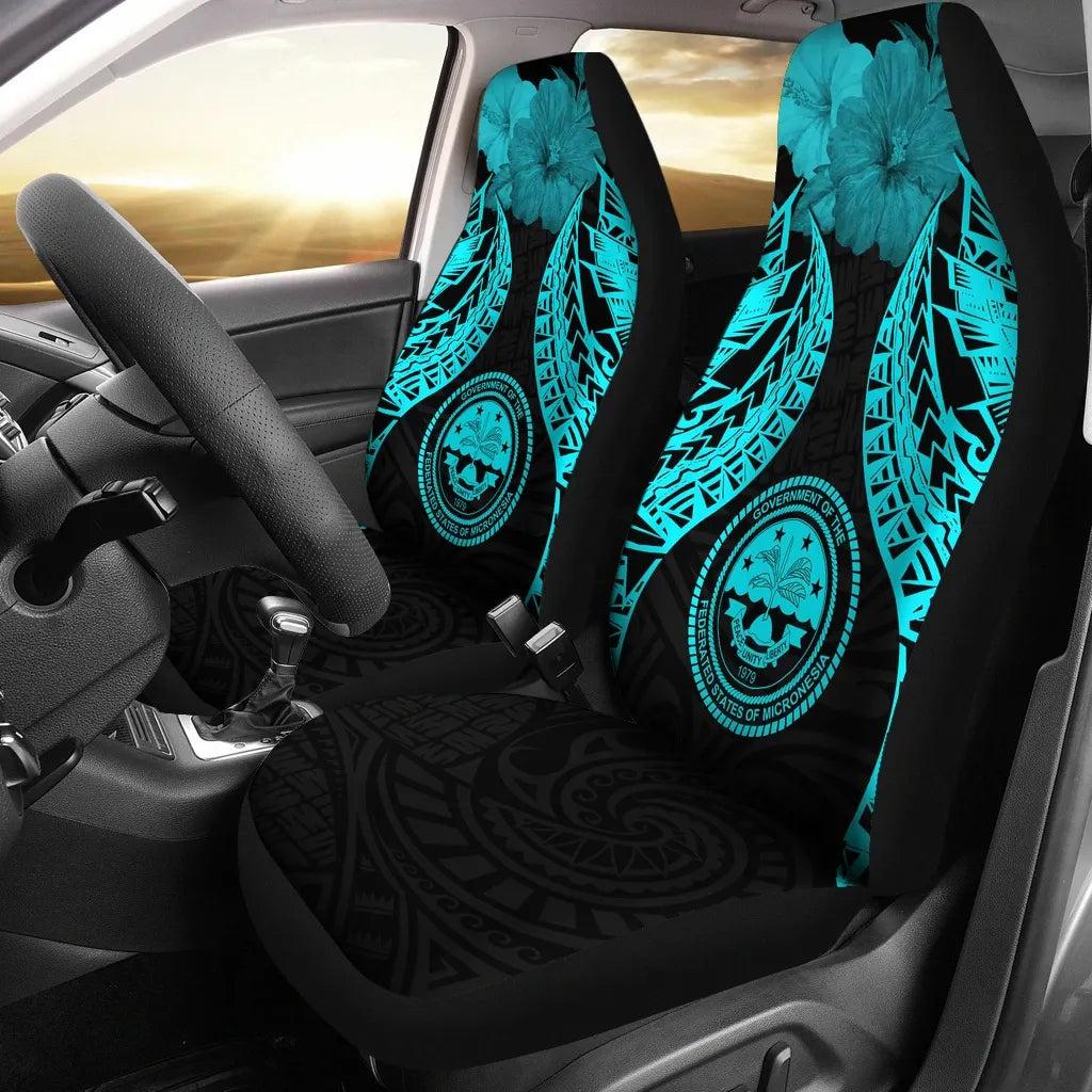 Federated States Of Micronesia Polynesian Car Seat Covers Pride Seal And Hibiscus Neon Blue