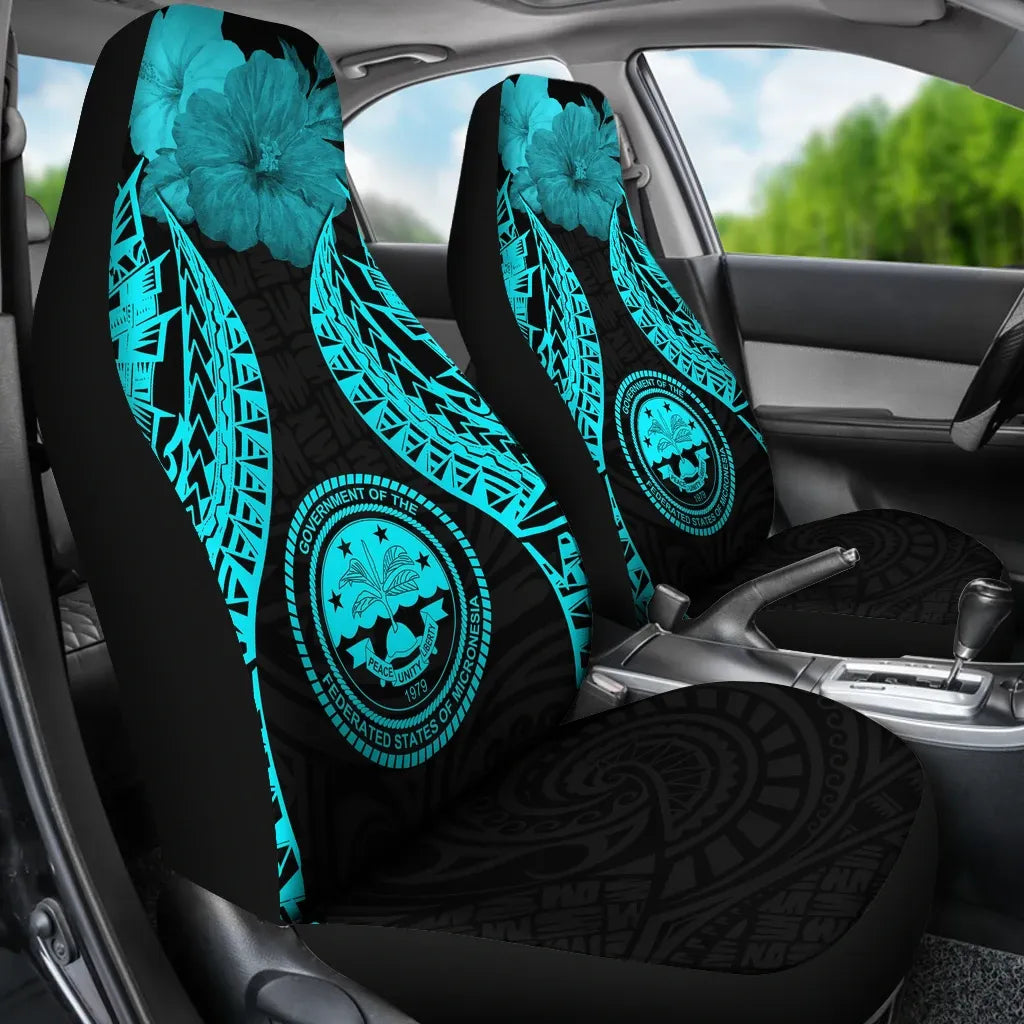 Federated States Of Micronesia Polynesian Car Seat Covers Pride Seal And Hibiscus Neon Blue