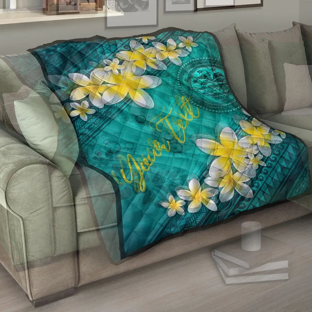 Federated States Of Micronesia Polynesian Custom Personalised Quilt - Plumeria With Blue Ocean