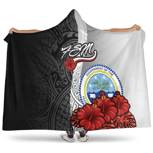 Federated States Of Micronesia Polynesian Hooded Blanket - Coat Of Arm With Hibiscus White
