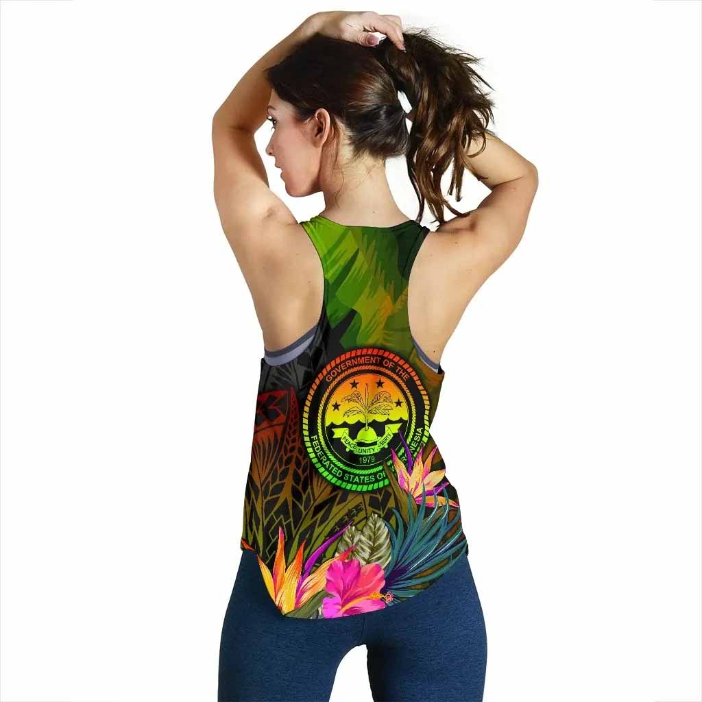 Federated States of Micronesia Polynesian Personalised Women Racerback Tanks - Hibiscus and Banana Leaves